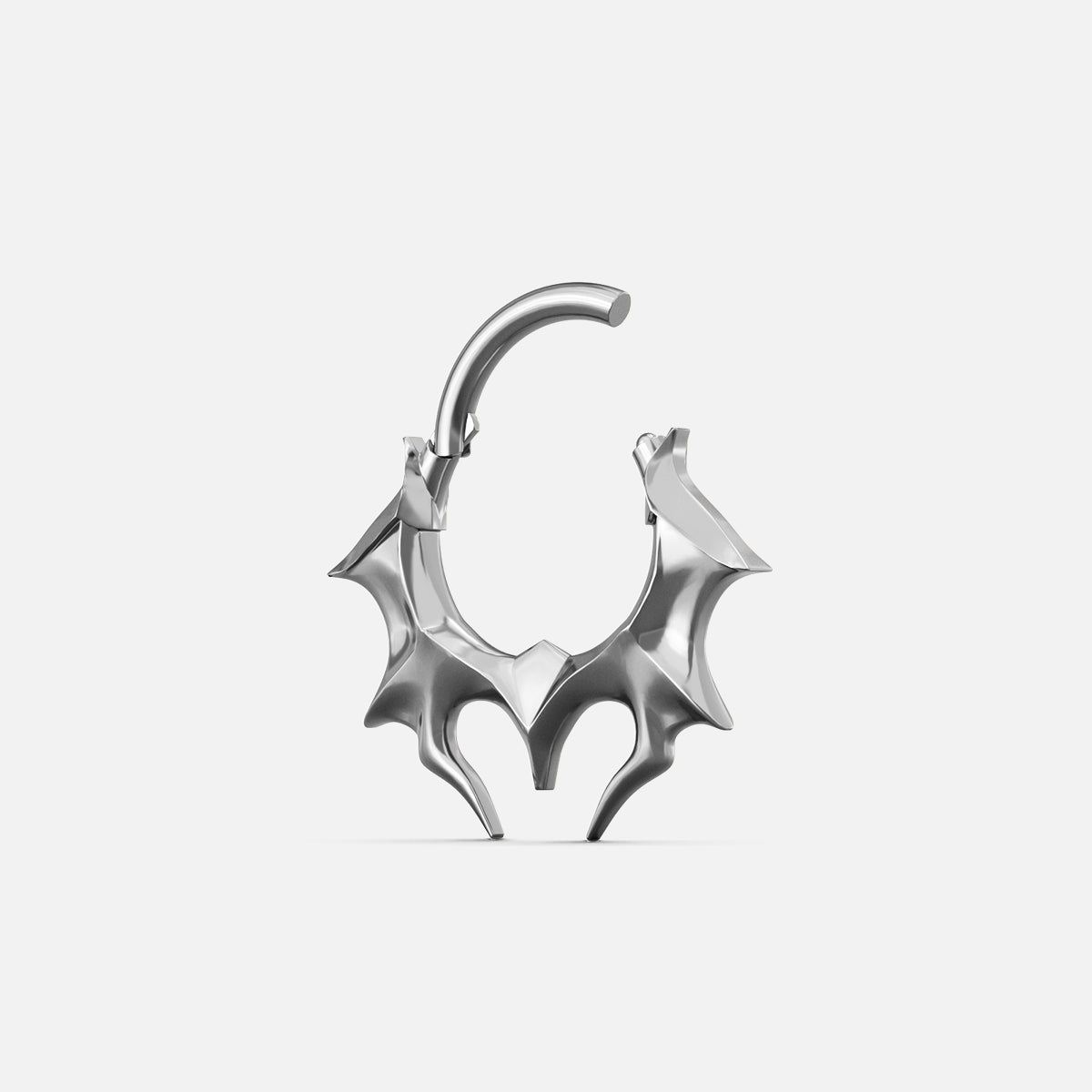 Silver-tone Infernal Horn Clicker shown open to display the hinged closure and pointed horn accents.