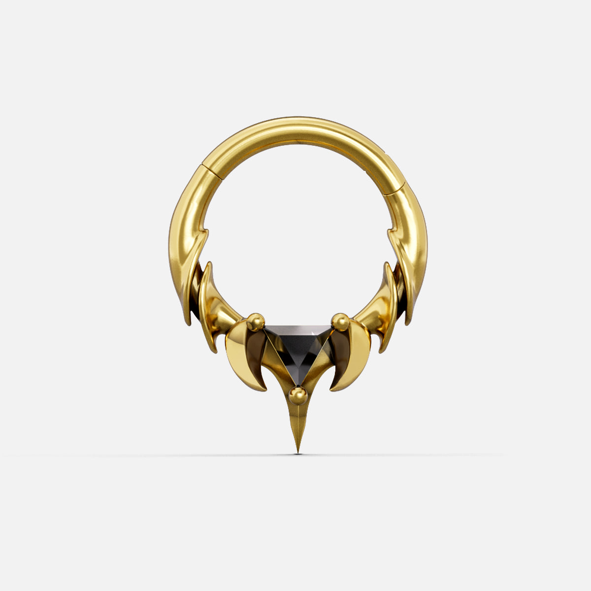 Gold-tone Keystone Ridge Clicker hoop featuring clawed talon design and dark triangular gem, front view
