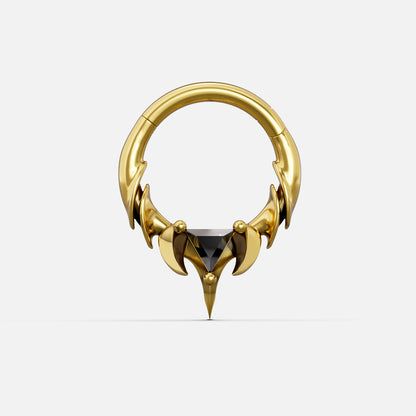 Gold-tone Keystone Ridge Clicker hoop featuring clawed talon design and dark triangular gem, front view