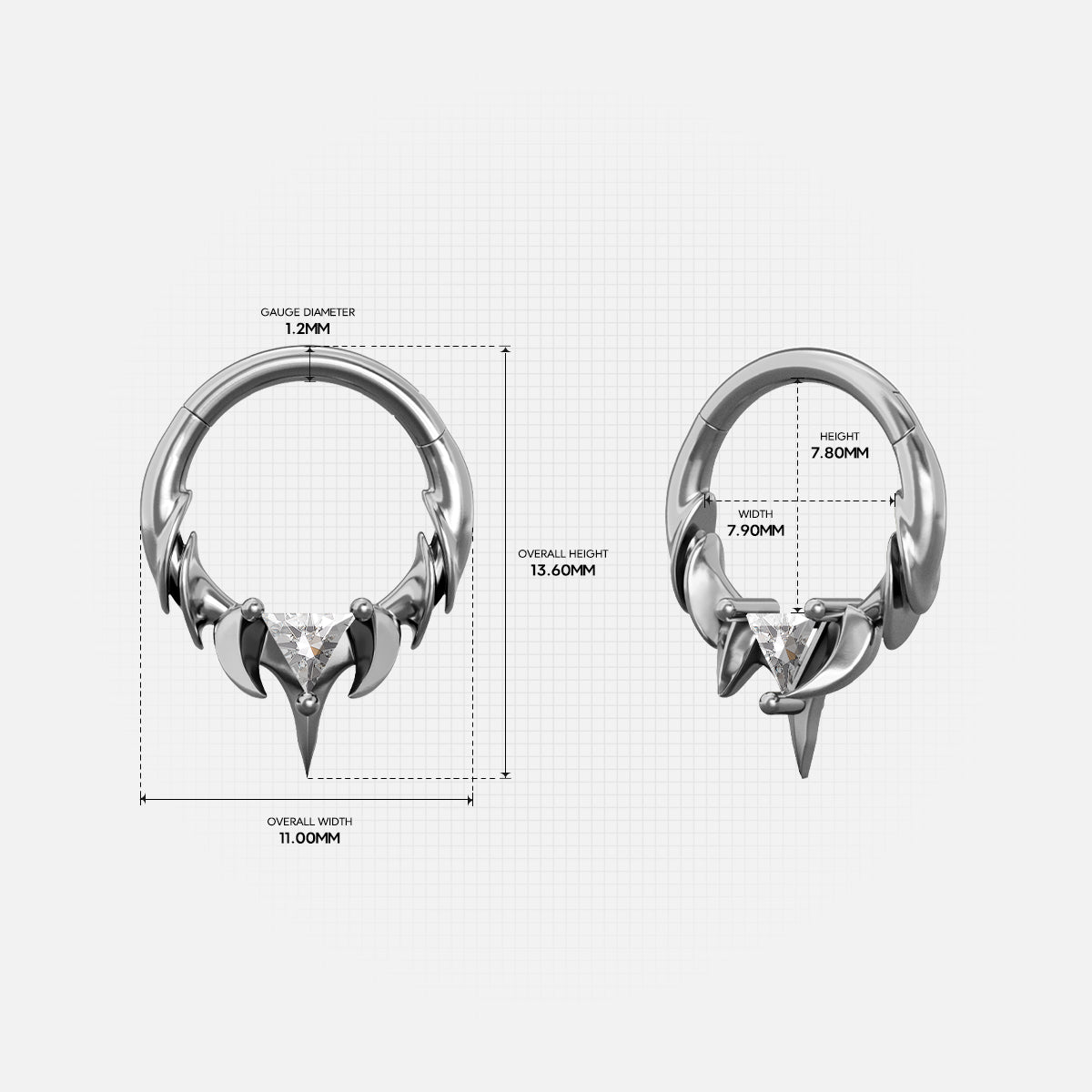Silver Keystone Ridge clicker shown in two diameters with measurements