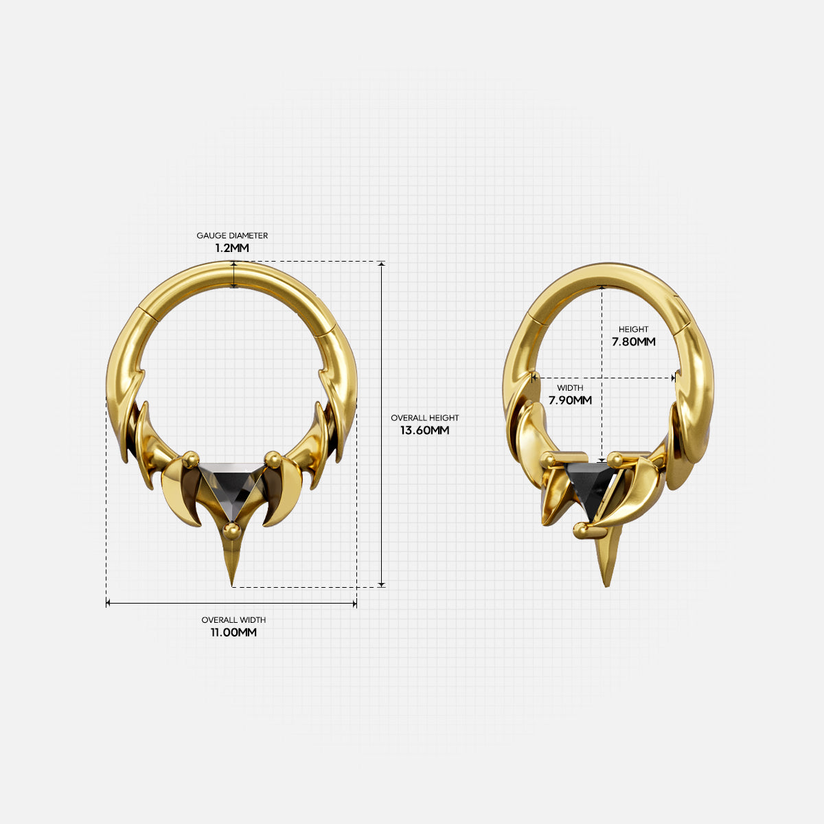 Gold Keystone Ridge clicker shown in two diameters with measurements