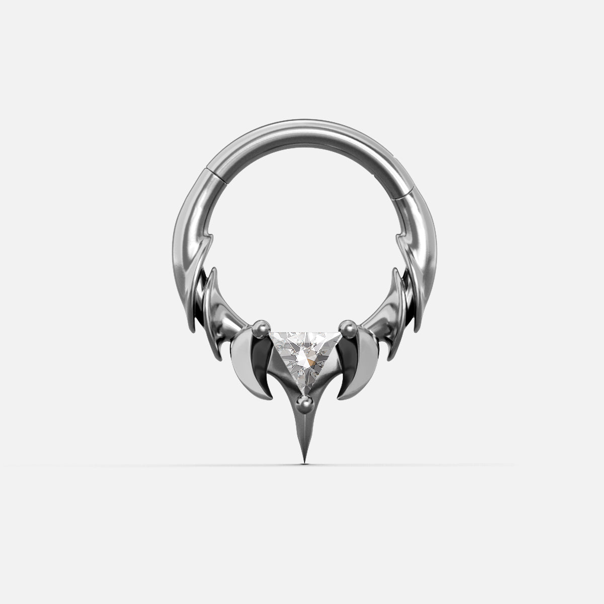 Silver-tone Keystone Ridge Clicker hoop with clawed talon design and clear triangular gem, front view
