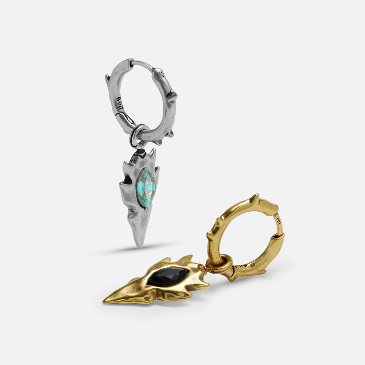 Knapped Stone Earrings shown in silver and gold tones with turquoise and obsidian arrowhead designs
