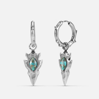 Knapped Stone Earrings in silver-tone brass with turquoise marquise stones and arrowhead drop pendants