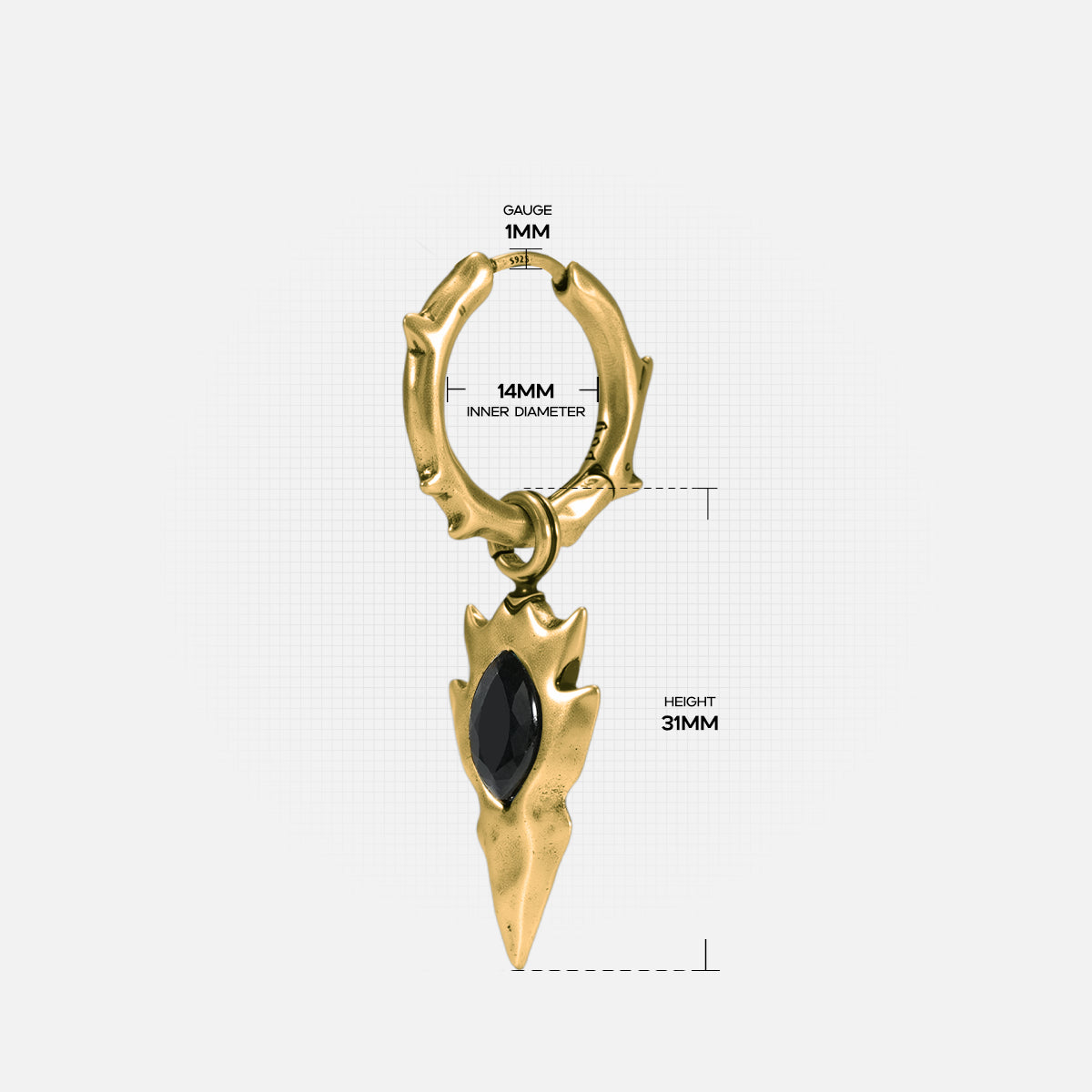 Knapped Stone Earrings size guide showing hoop diameter and arrowhead drop length