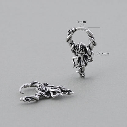 Silver Kraken Mystique hoop earring shown upright and flat with dimensions