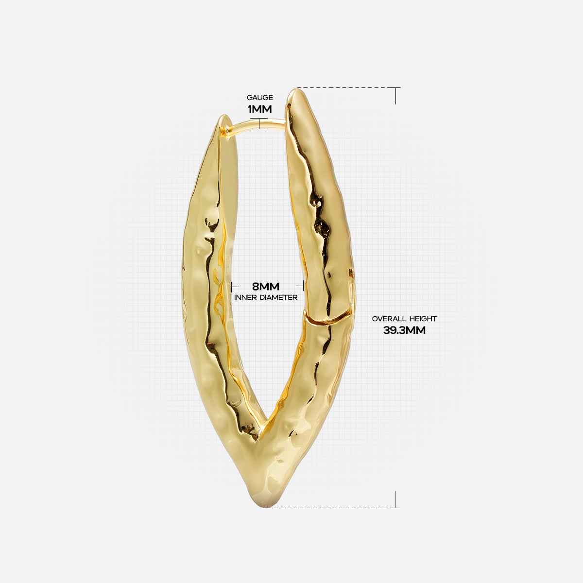 Gold Liquid Metal earring with irregular elongated oval shape and dimensions