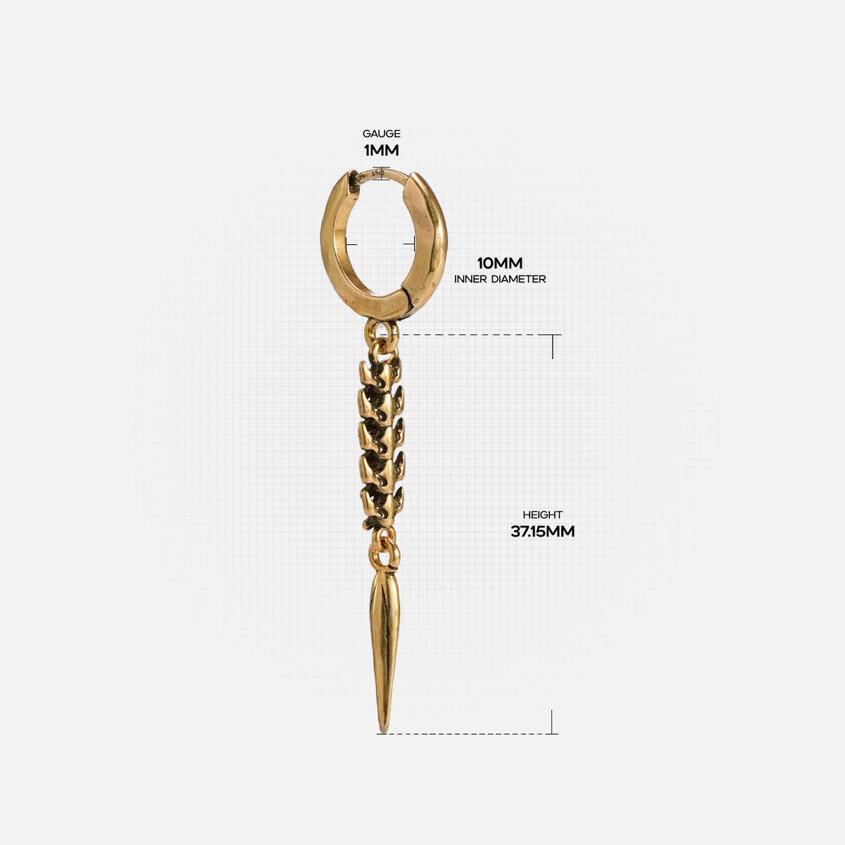 Gold-tone spine and spike drop earring on a huggie hoop with labeled gauge and height measurements