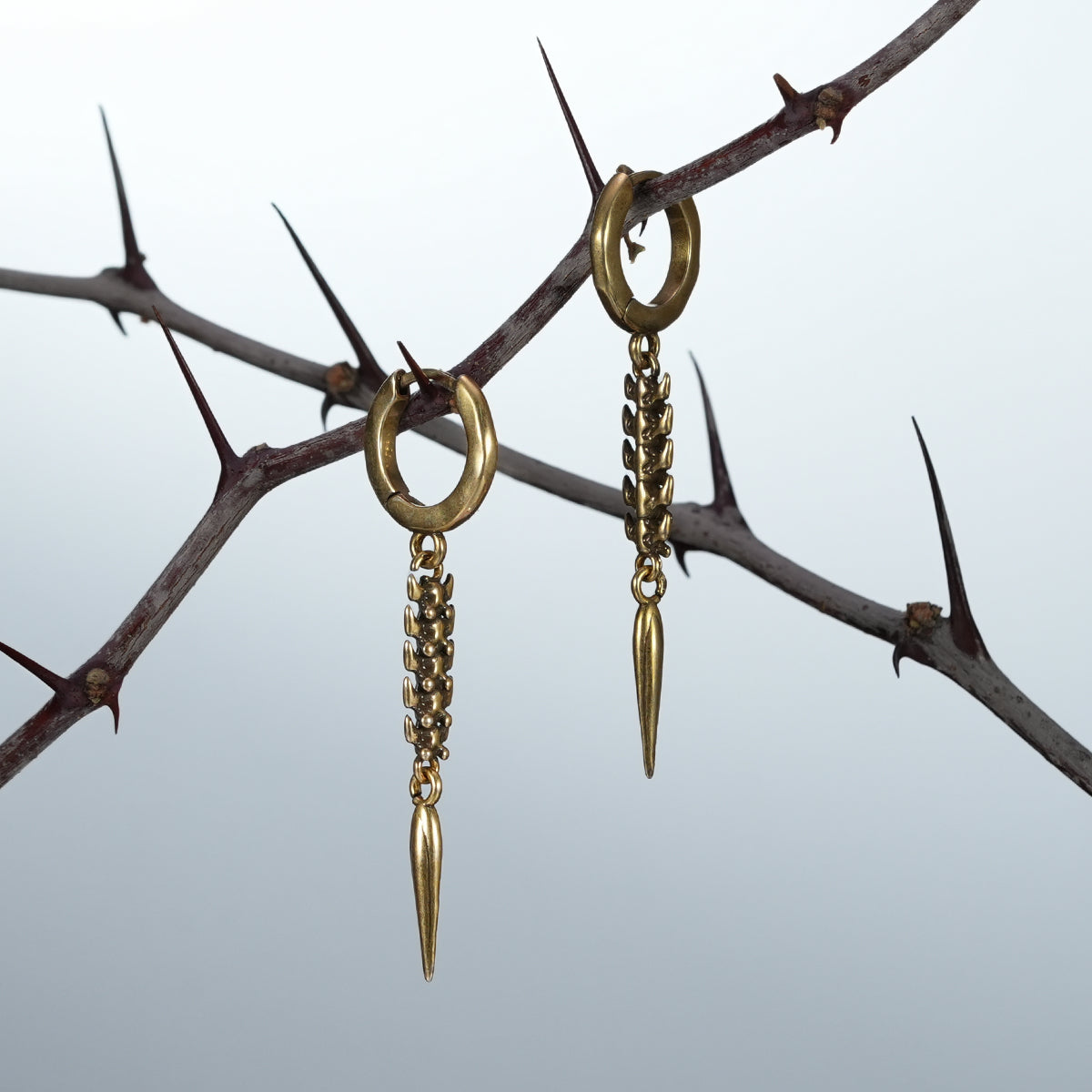 Pair of gold Longinus Abyss Stinger earrings hanging from a thorn branch