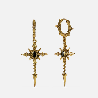 Pair of gold Longinus Blood Relic hoop earrings with ornate blade pendants