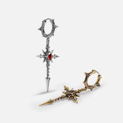 Silver and gold Longinus Blood Relic hoop earrings with red and black accents
