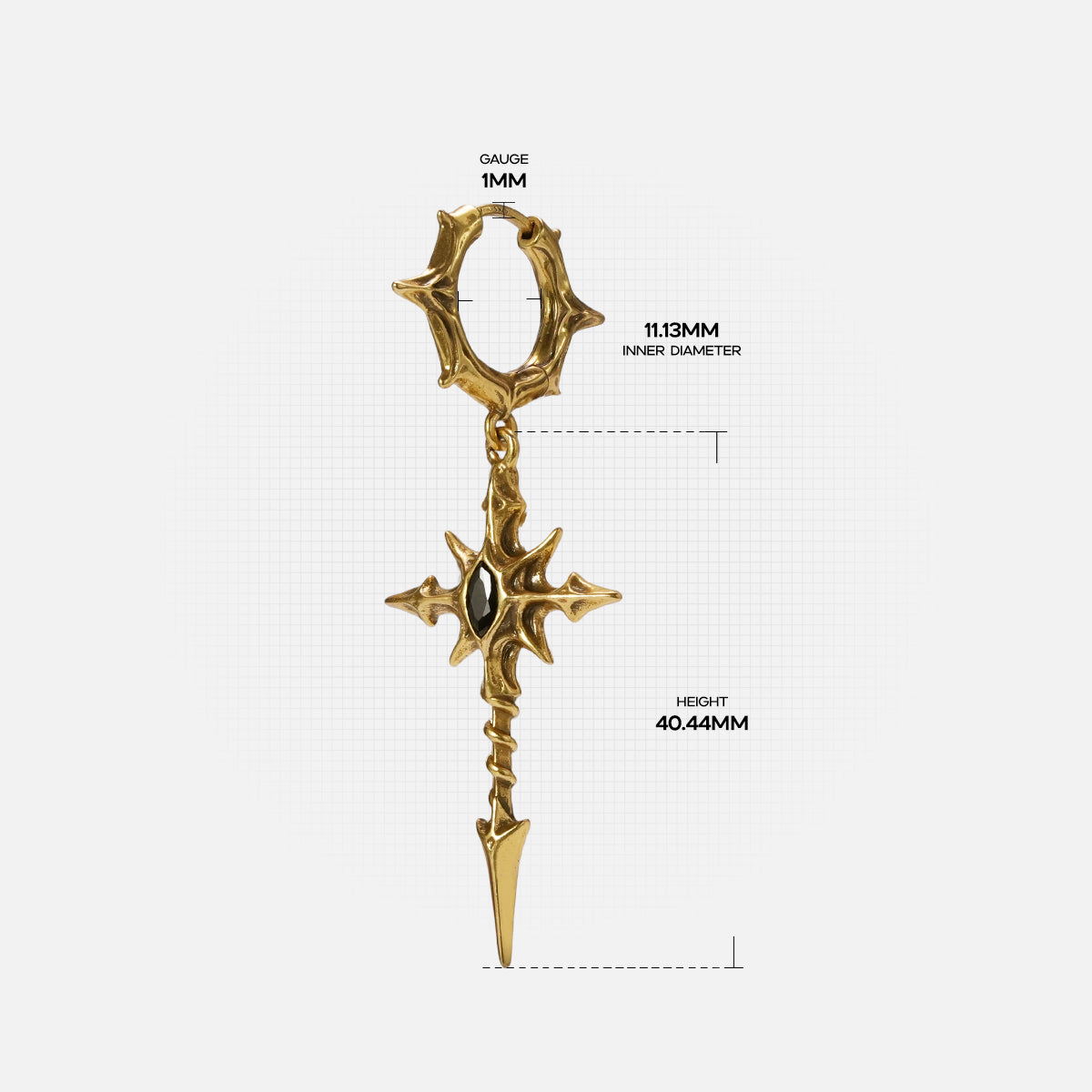 Gold Longinus Blood Relic hoop earring with black accent and dimensions