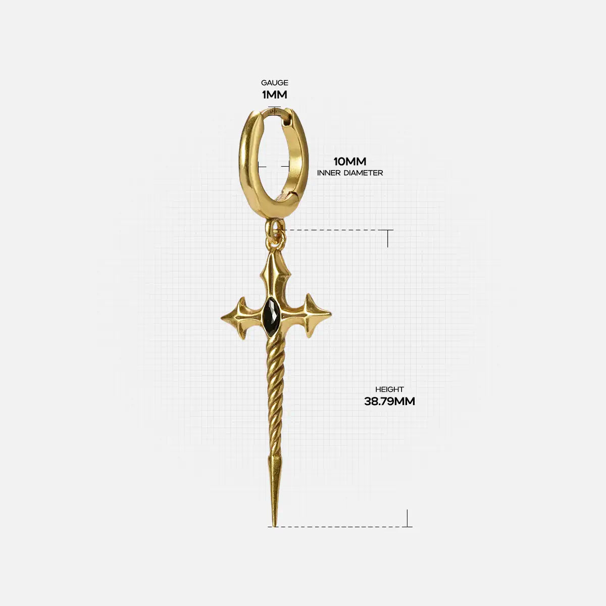 Dimension guide for the Longinus Godpiercer Earrings 925 sterling silver version, shown in gold tone with hoop diameter and f