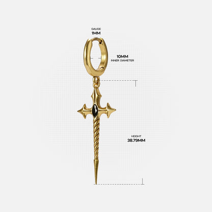 Gold Longinus Godpiercer hoop earring with crossguard blade drop and measurement details