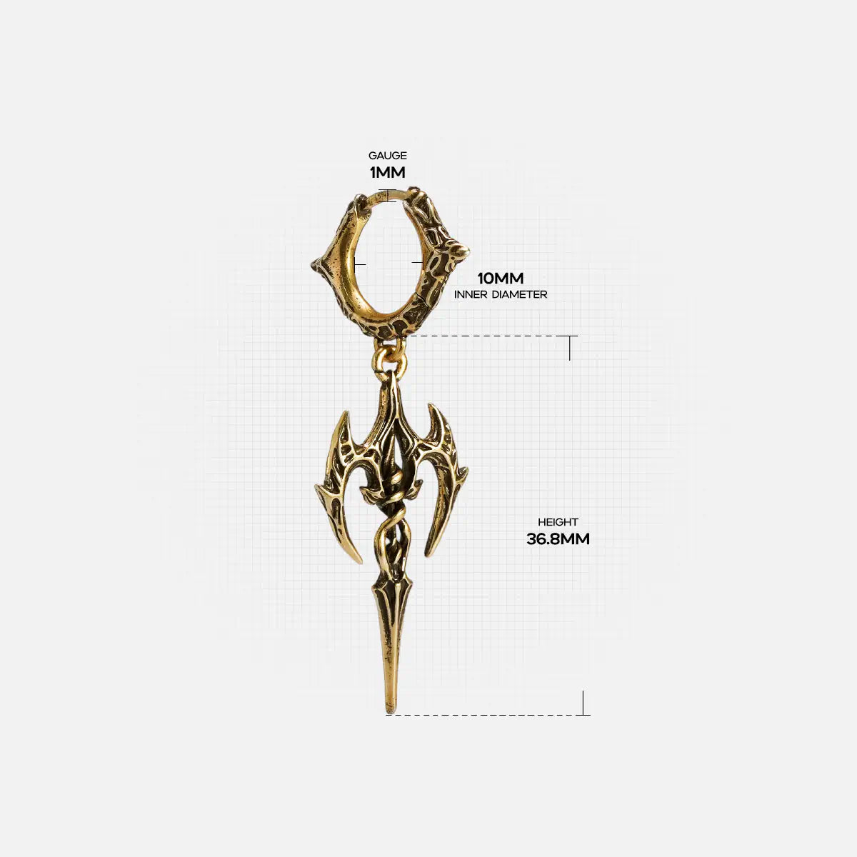 Dimension guide for the Longinus Halo Piercer Earrings 925 sterling silver version, shown in gold tone with hoop diameter, ga