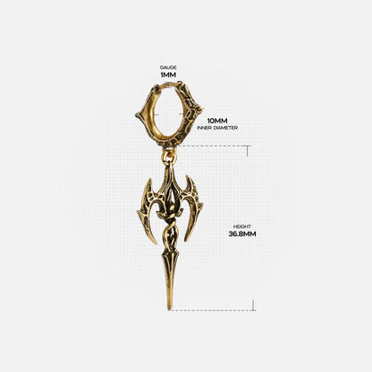 Dimension guide for the Longinus Halo Piercer Earrings 925 sterling silver version, shown in gold tone with hoop diameter, ga