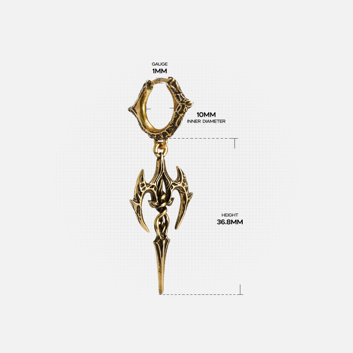 Gold Longinus Halo Piercer hoop earring with ornate blade drop and measurement details