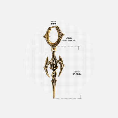 Gold Longinus Halo Piercer hoop earring with ornate blade drop and measurement details