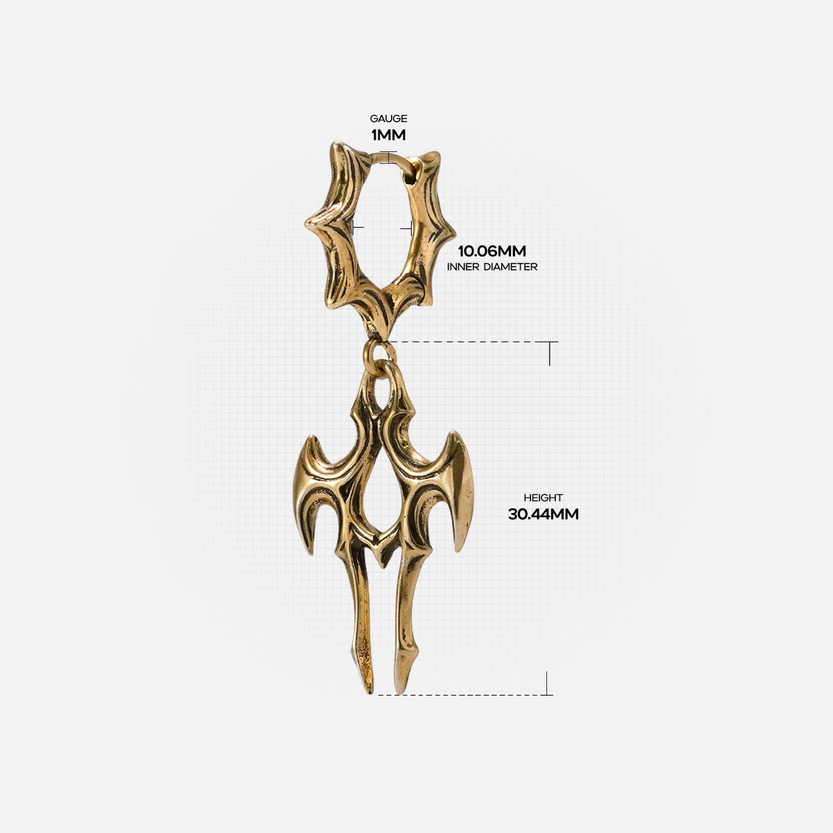 Gold Longinus Judgment Talon earring with pointed openwork pendant and dimensions