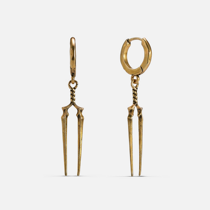 Pair of gold-tone Longinus Twin Spear hoop earrings shown from side and front with twin pointed drops