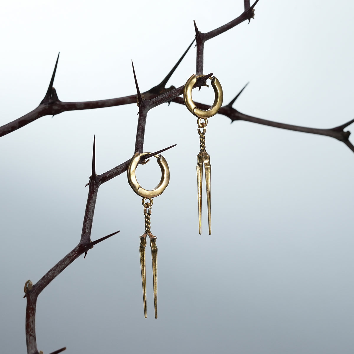 Two gold-tone Longinus Twin Spear hoop earrings hanging from dark thorn branches