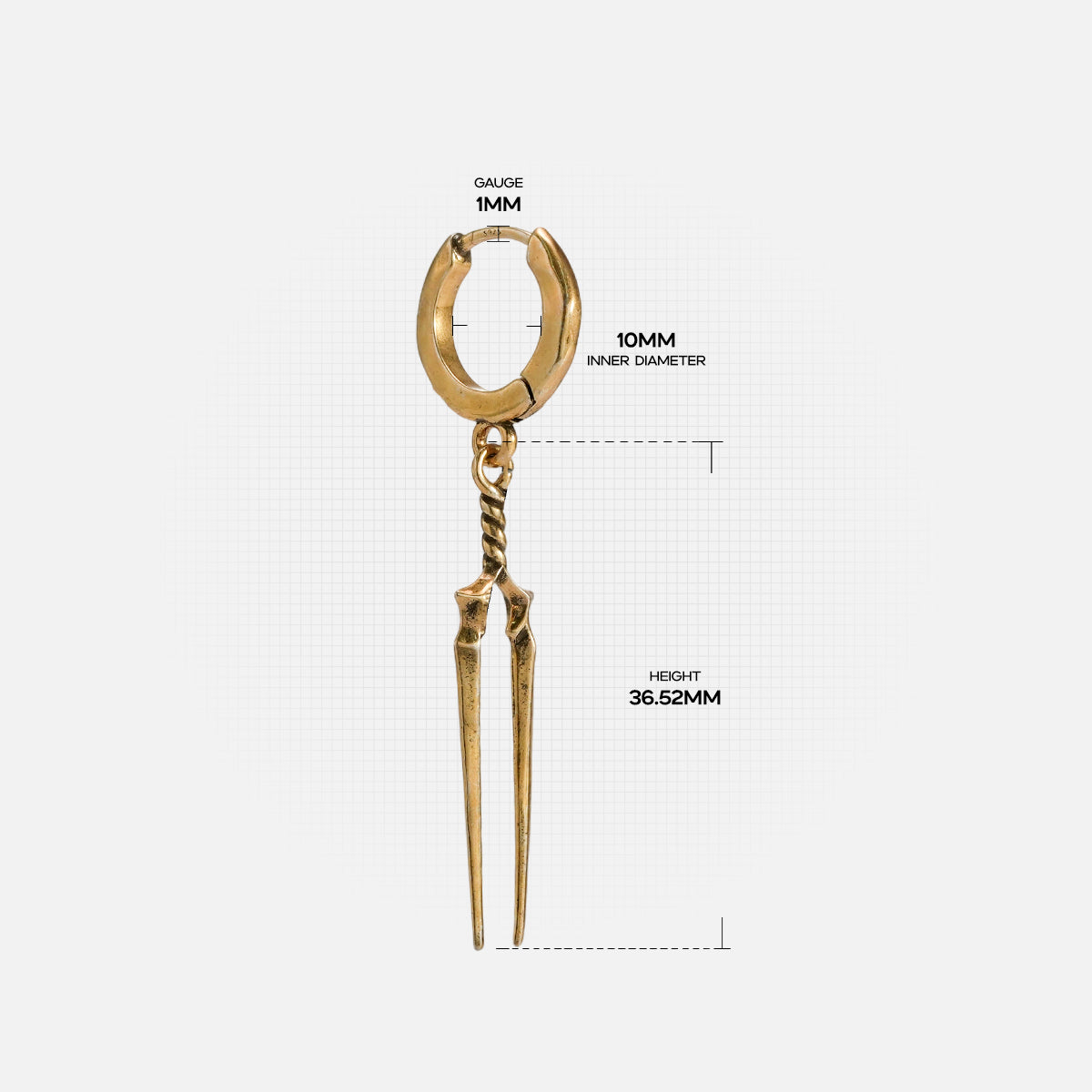 Gold-tone Longinus Twin Spear hoop earring dimension guide showing hoop diameter and full drop height