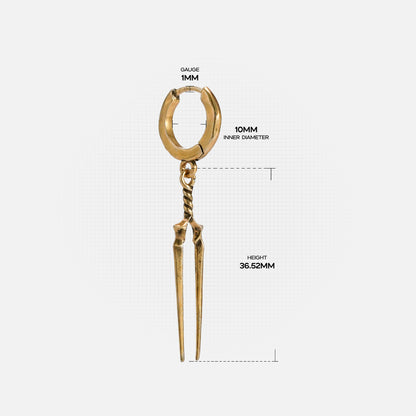 Gold-tone Longinus Twin Spear hoop earring dimension guide showing hoop diameter and full drop height