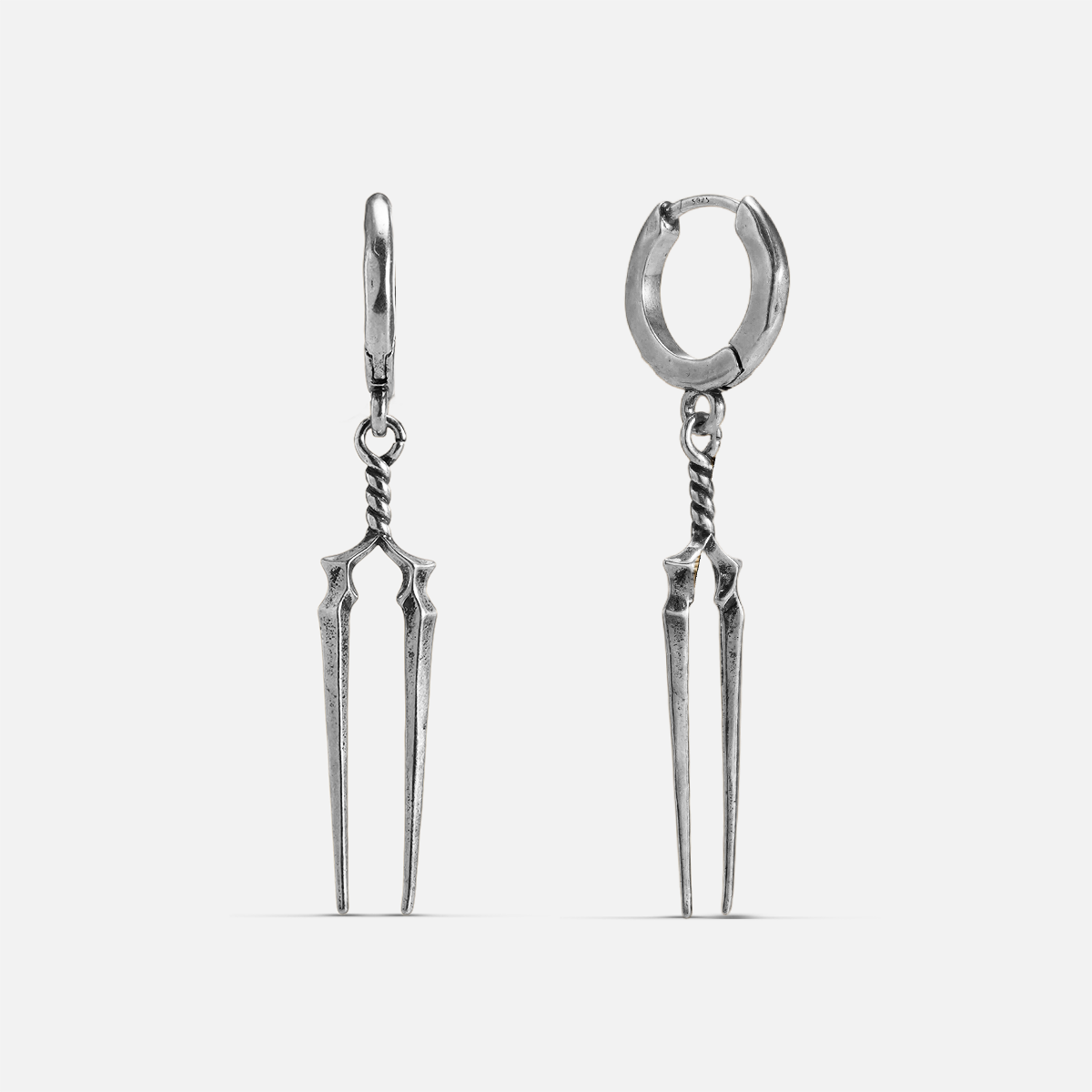 Silver-tone Longinus Twin Spear hoop earrings with paired long spear drops