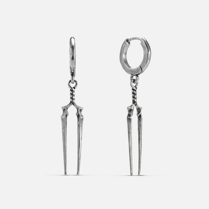 Silver-tone Longinus Twin Spear hoop earrings with paired long spear drops