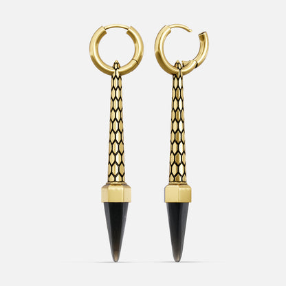 Gold-tone hoop earrings with honeycomb-textured bars and dark pointed crystal drops, front view