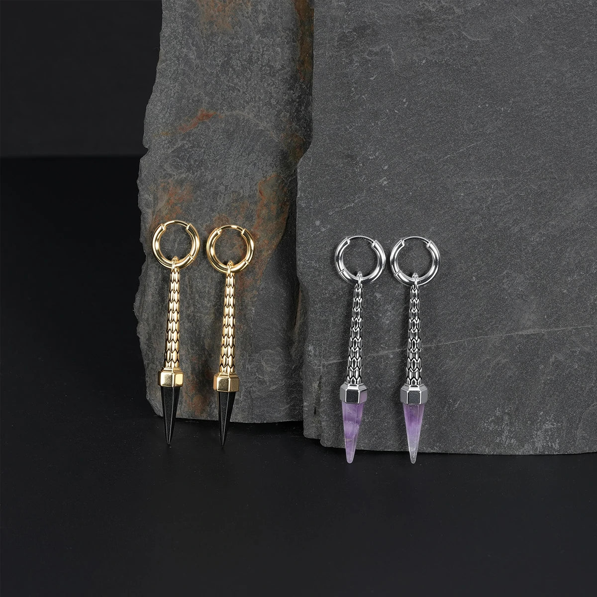 Gold and silver Lucent Prism earrings with chain and pointed crystal drops