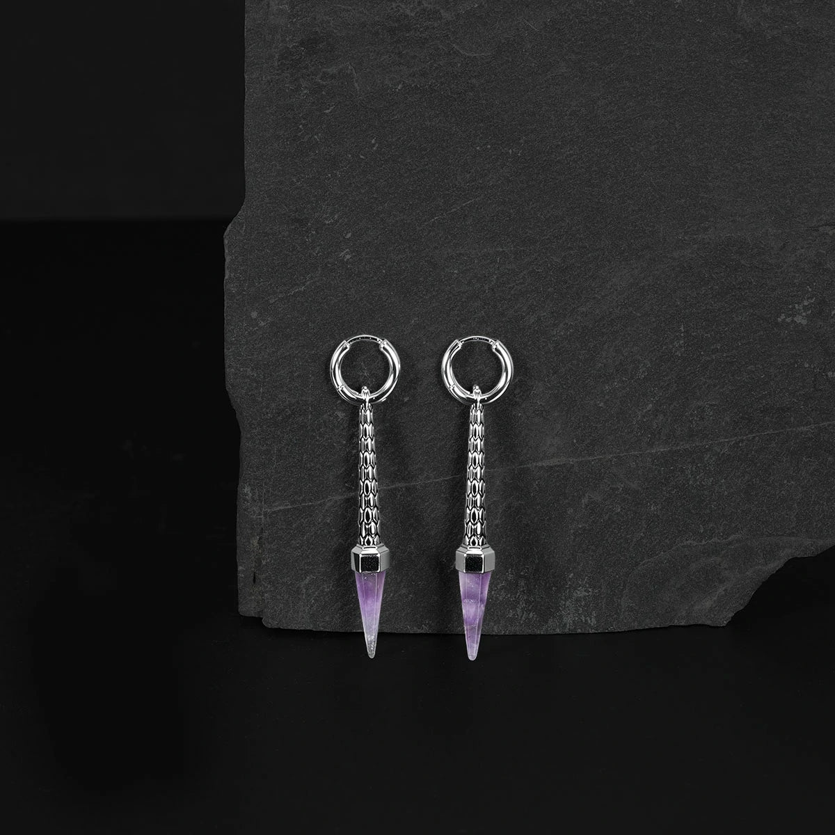 Pair of silver Lucent Prism earrings with purple pointed drops