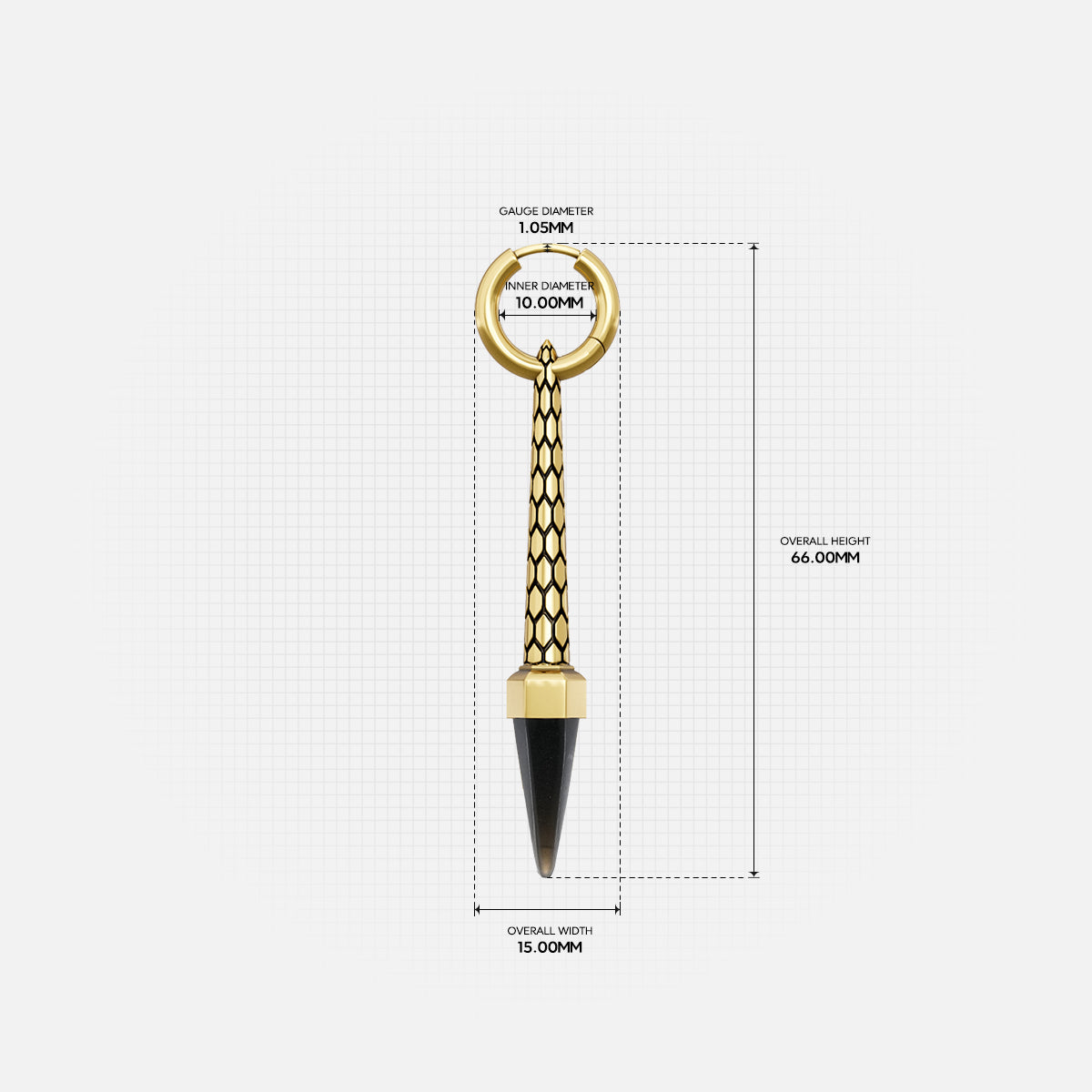 Gold Lucent Prism hoop earring with chain and black pointed drop dimensions