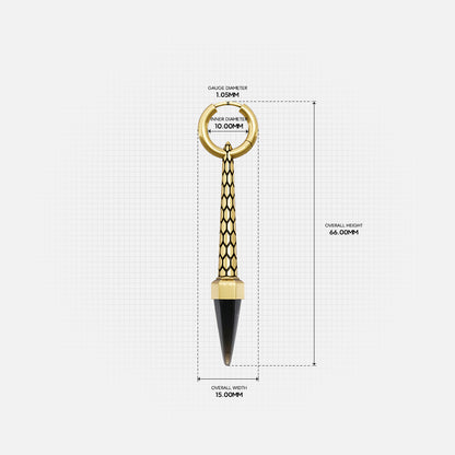 Gold Lucent Prism hoop earring with chain and black pointed drop dimensions