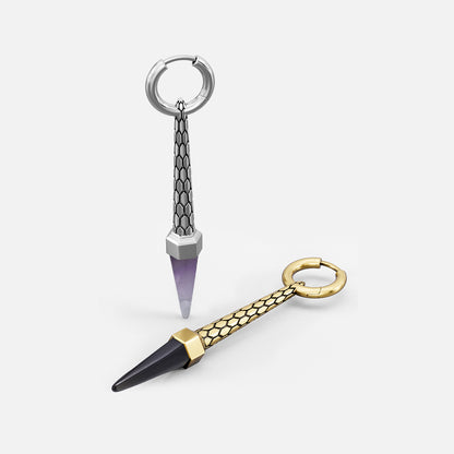 Two hoop earrings shown at an angle, one silver-tone with purple crystal point, one gold-tone with dark point