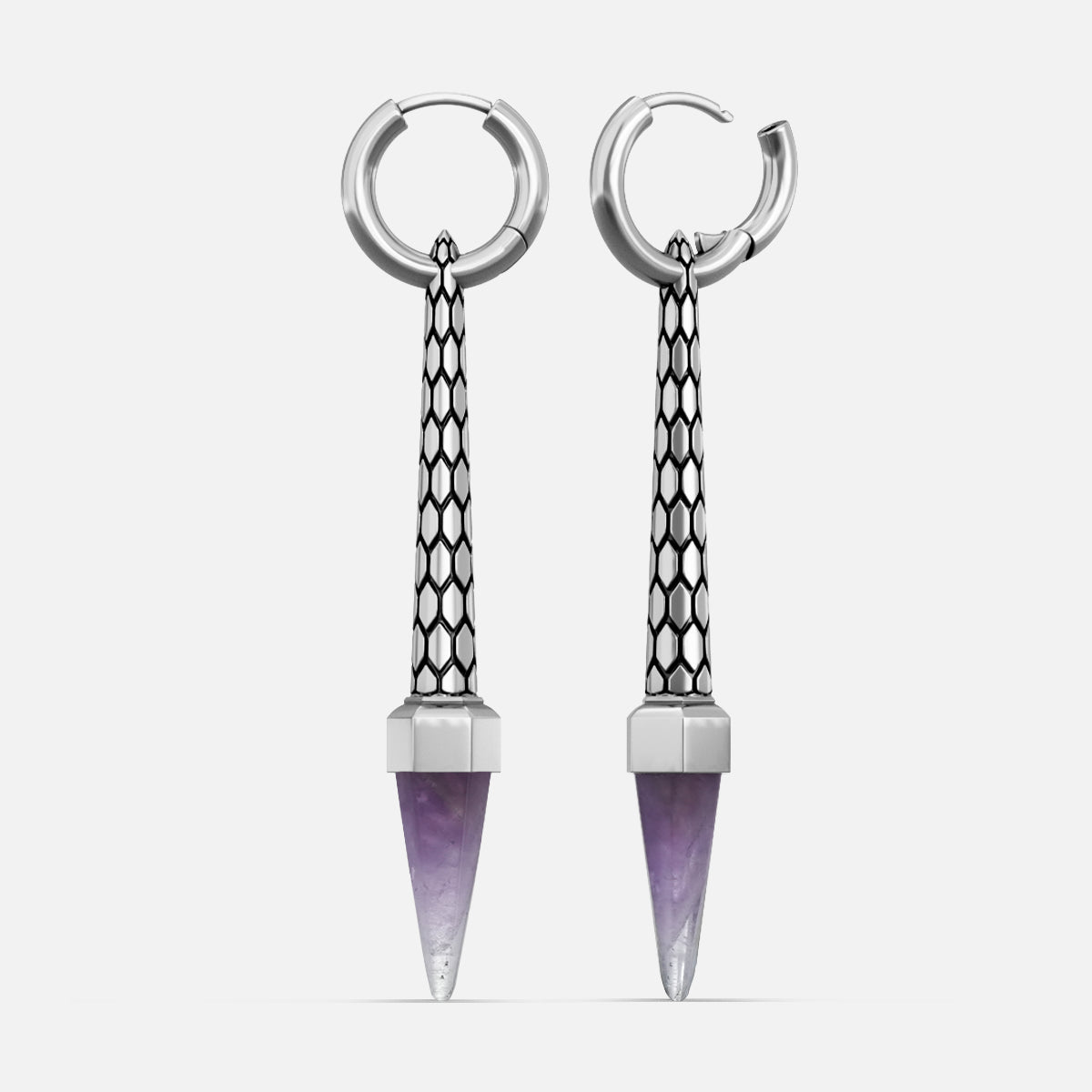 Silver-tone hoop earrings with textured tapered bars ending in purple crystal points, front view