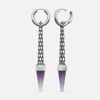 Silver-tone hoop earrings with textured tapered bars ending in purple crystal points, front view