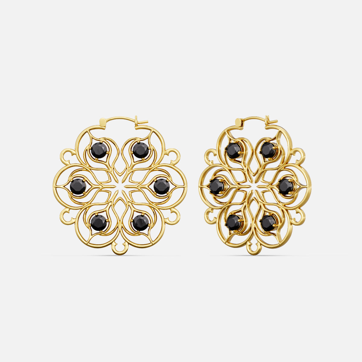 Gold-tone Mandala Bloom earrings with ornate open petals and black round stones
