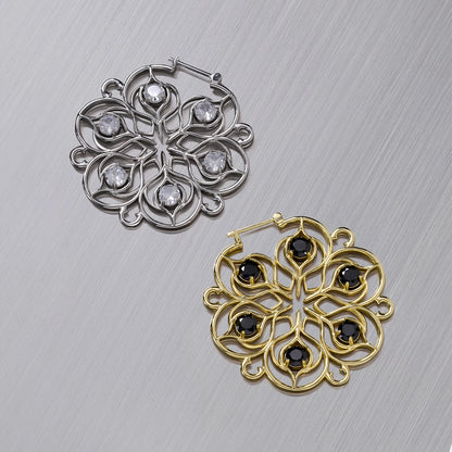 Silver and gold Mandala Bloom hoop earrings with circular floral openwork