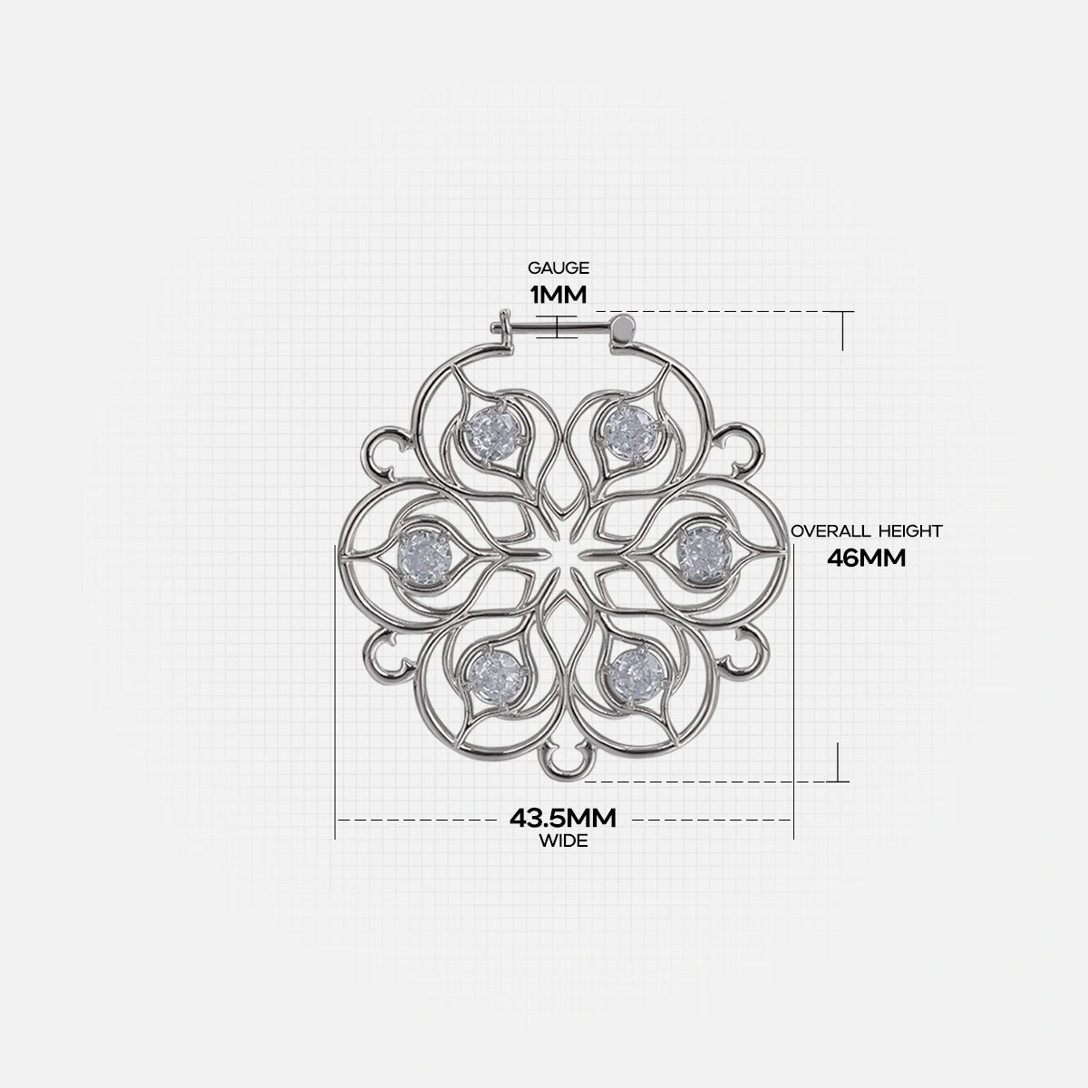 Silver Mandala Bloom hoop earring with floral openwork and measurement details