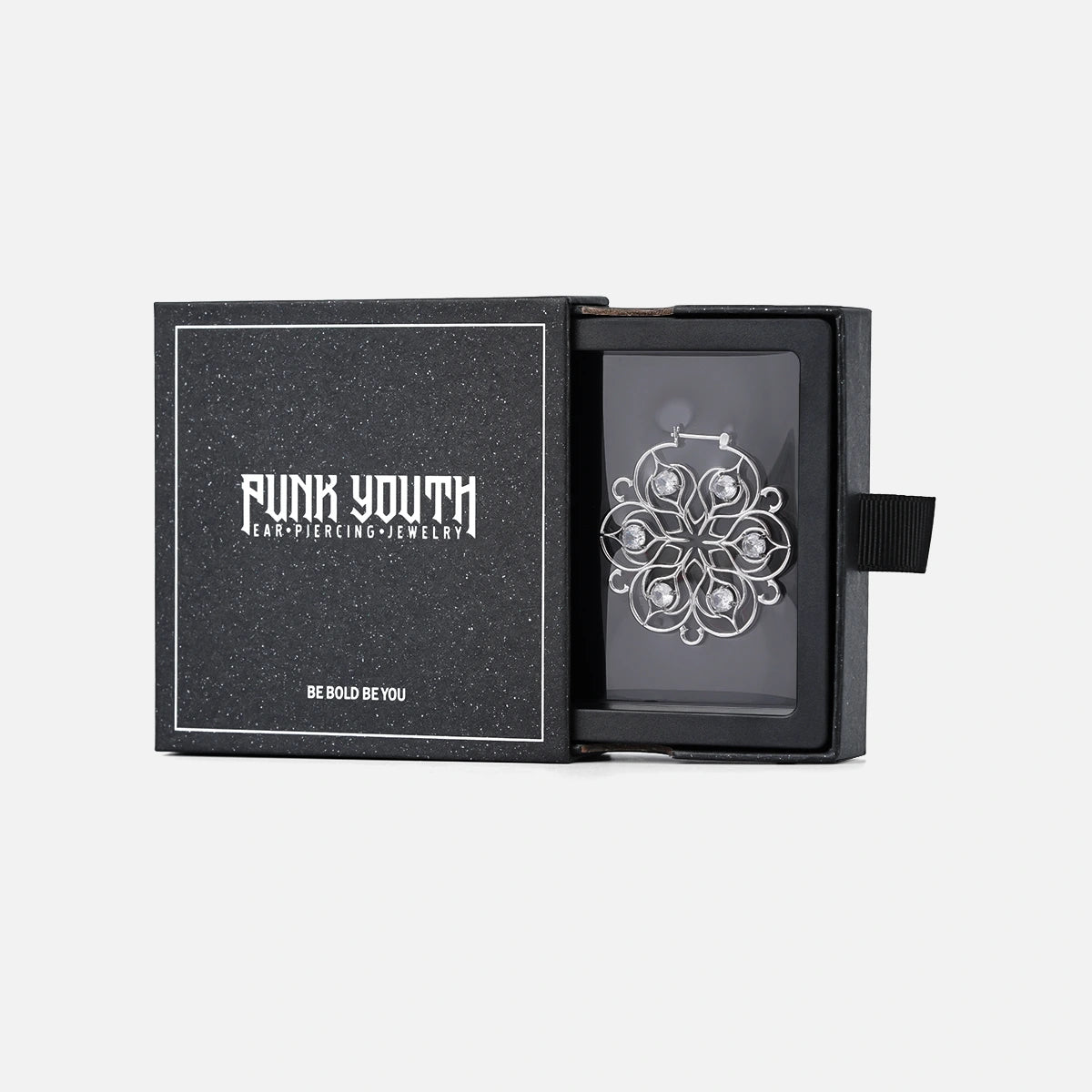 Silver Mandala Bloom hoop earring presented in a black PUNKYOUTH jewelry box