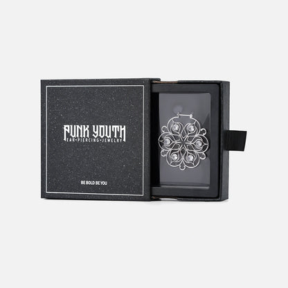Silver Mandala Bloom hoop earring presented in a black PUNKYOUTH jewelry box