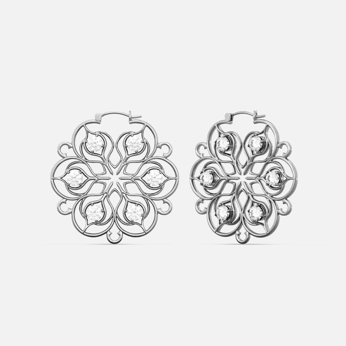 Silver-tone Mandala Bloom hoop earrings with layered floral scrollwork in front and side views