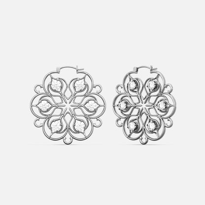 Silver-tone Mandala Bloom hoop earrings with layered floral scrollwork in front and side views
