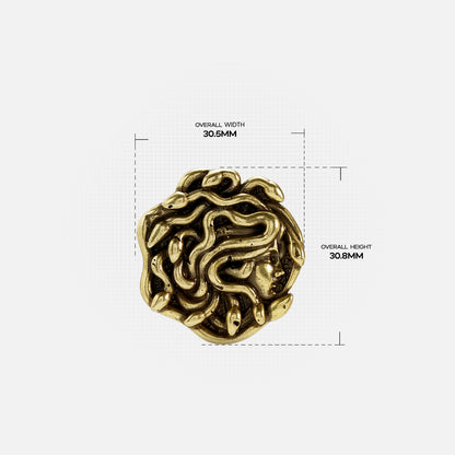 medusa unbound brooch in gold shown in a size detail view,featuring a sculpted medusa face design with overall width and height measurements