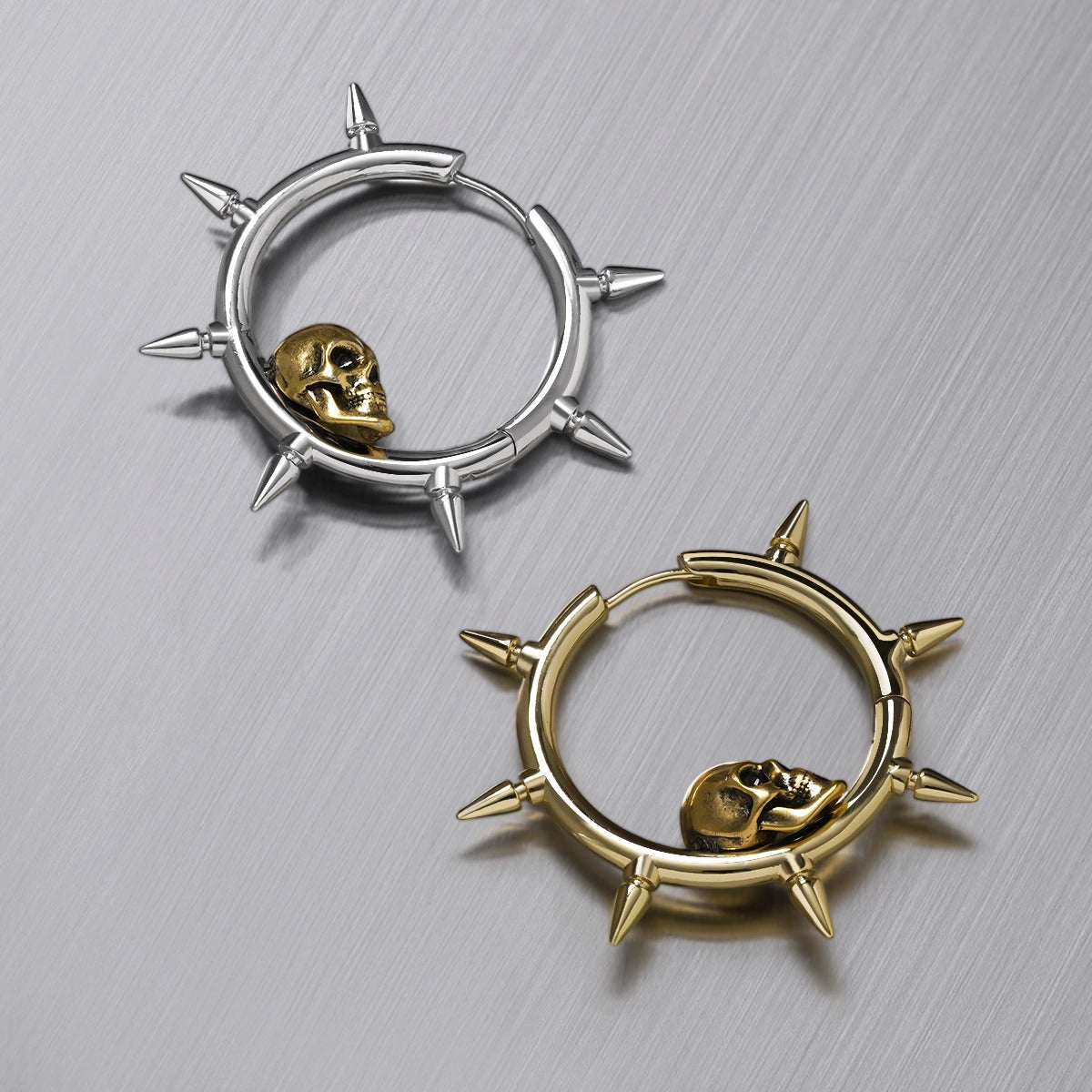 Silver and gold Memento Skull hoop earrings with spikes and small skulls