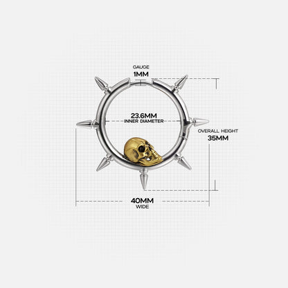 Silver Memento Skull hoop earring with spikes and small gold skull dimensions