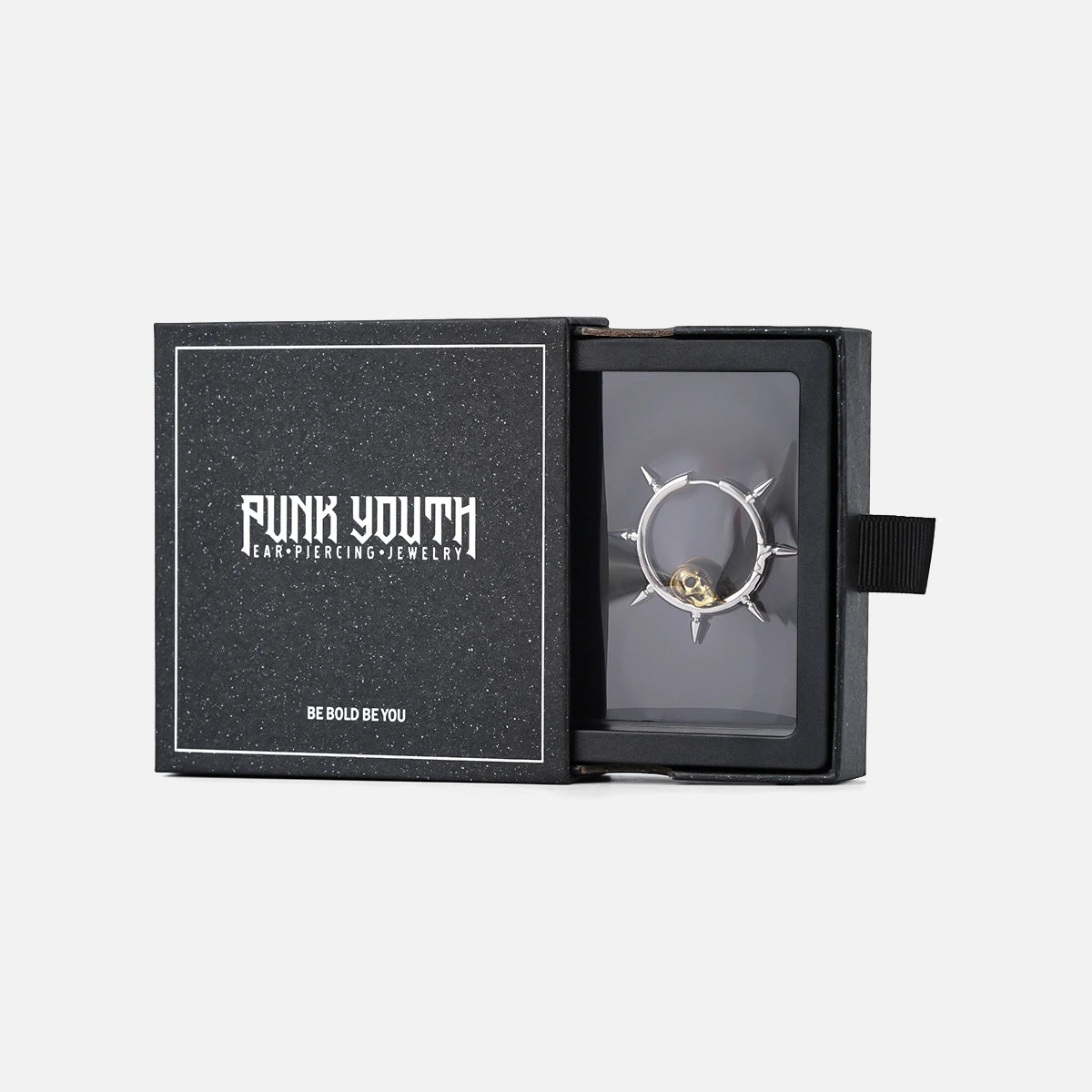 Silver Memento Skull hoop earring presented in a black jewelry box