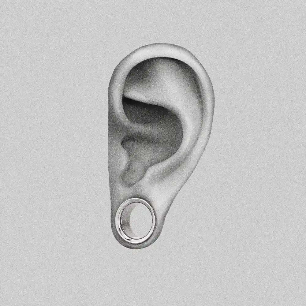 Illustrated ear lobe wearing a single titanium loop tunnel in the stretched piercing