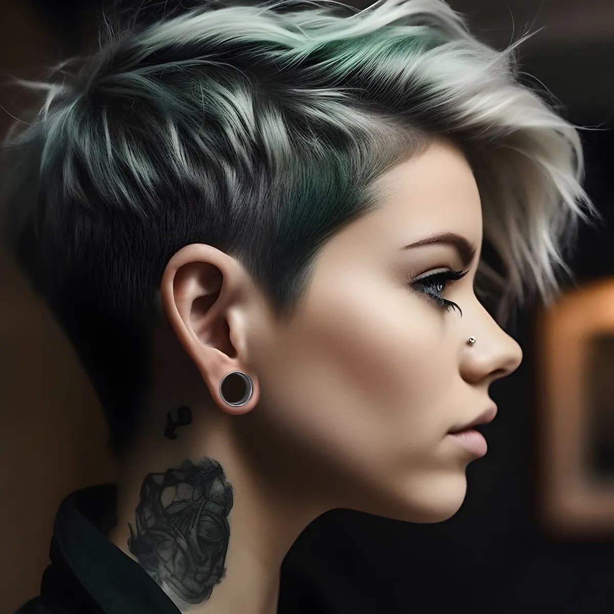 Profile view of a model with a titanium loop tunnel worn in a stretched earlobe